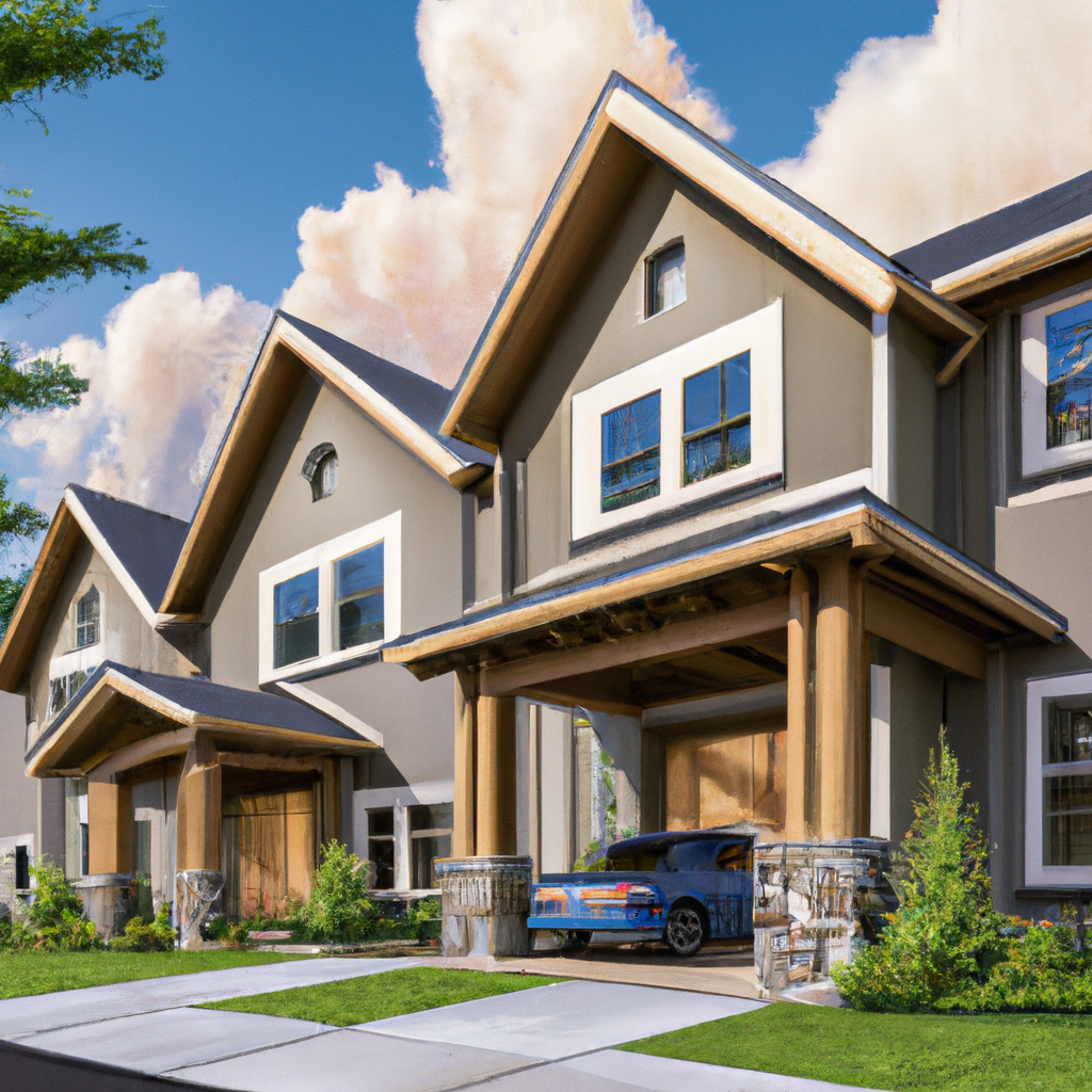 illustration of a Craftsman townhomes emphasize natural materials and simple design, with exposed beams and rafters, tapered columns, and a front porch. They may have multiple stories and a low-pitched roof. for the web, 2 story, 2 car garage