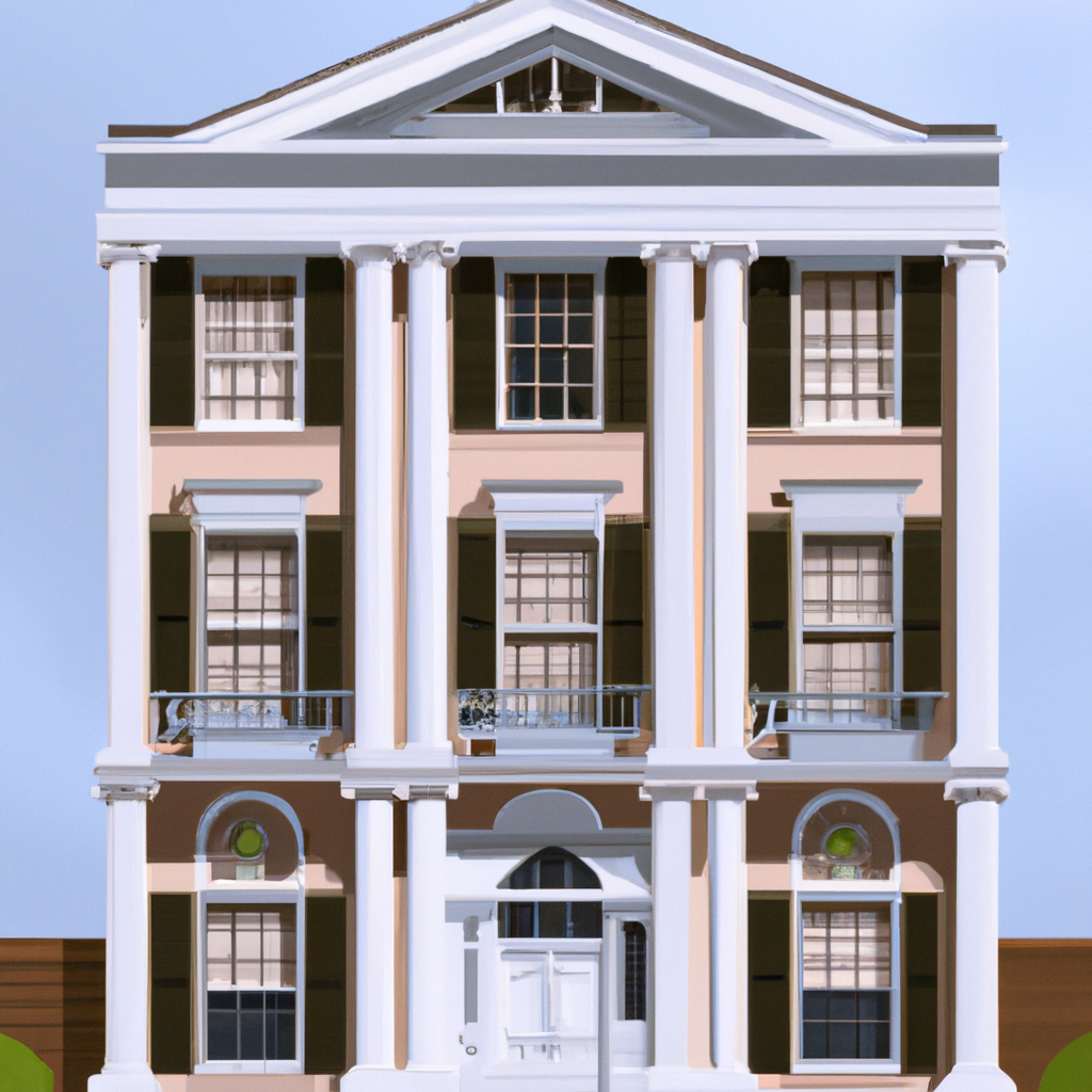illustration of a Georgian: Georgian townhomes have a symmetrical design with a central entrance and balanced windows on either side. They typically have two or three stories and may feature decorative details such as columns and pediments. for the web, 2 story, 2 car garage