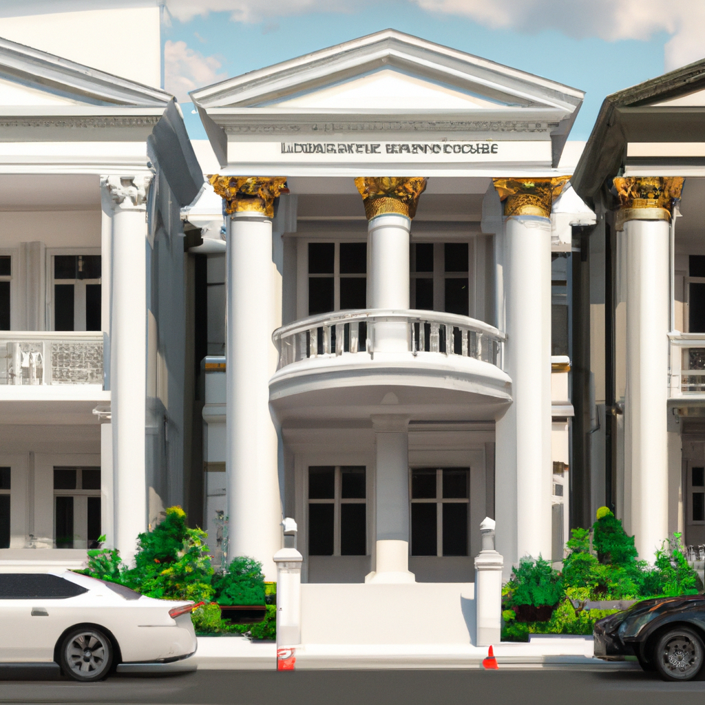 illustration of a Neo-Classical townhomes feature grand, symmetrical facades with columns, pediments, and ornate moldings. They often have multiple stories and a central entrance. for the web, 2 story, 2 car garage